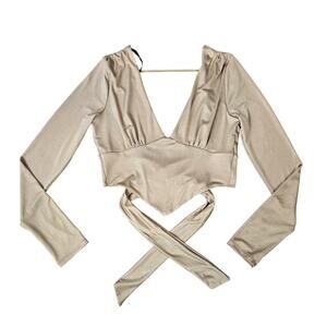 Forever 21 Top Womens Large Beige V Neck Long Sleeve Wrap Tie Cropped Blouse